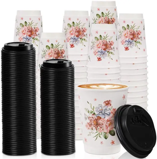 Main image of 80 Pack Disposable Coffee Cups with 100 Lids, 12 Oz To Go Coffee Cups, Durable Insulated Hot Drink Paper Cups for Office, Wedding Reception, Iced Coffee, Floral Theme