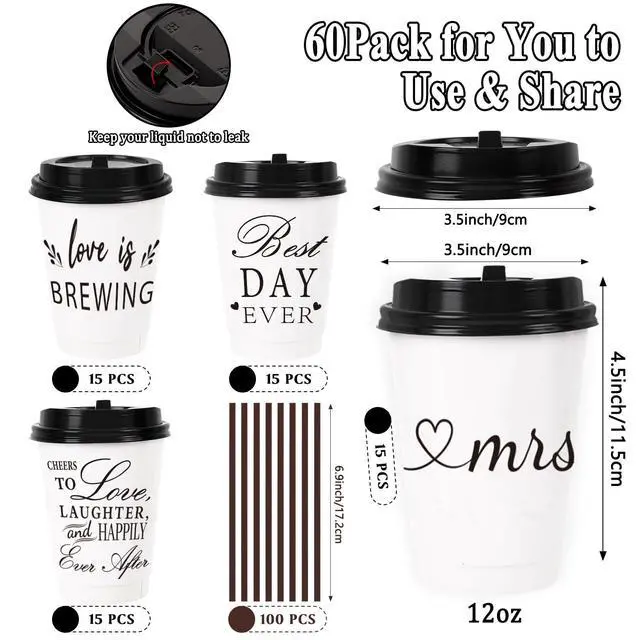 Alt view image 2 of 7 - 60 Pack 12oz Wedding Paper Cups Triple-layer with Black Leak Proof Lids and Extra Thick Insulated Beverage Cup for Hot & Cold Liquids Party Disposable Decoration Cups for Holiday