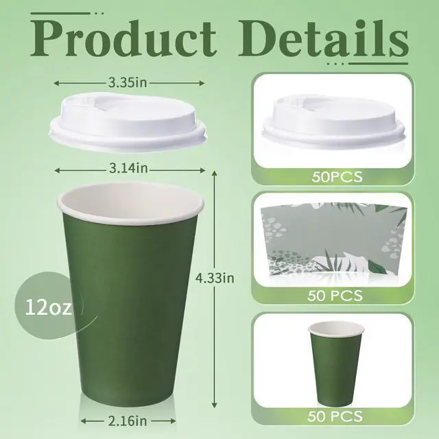 Alt view image 2 of 6 - 50 Pack Dark Green 12 oz Disposable Coffee Cups with Lids and Sleeves, Paper Hot Travel Cups for Beverages, Wedding, Baby Shower, Office and Party Supplies