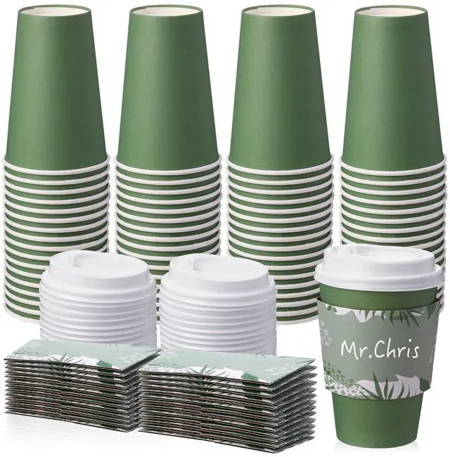 Main image of 50 Pack Dark Green 12 oz Disposable Coffee Cups with Lids and Sleeves, Paper Hot Travel Cups for Beverages, Wedding, Baby Shower, Office and Party Supplies