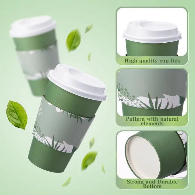 Alt view image 3 of 6 - 50 Pack Dark Green 12 oz Disposable Coffee Cups with Lids and Sleeves, Paper Hot Travel Cups for Beverages, Wedding, Baby Shower, Office and Party Supplies