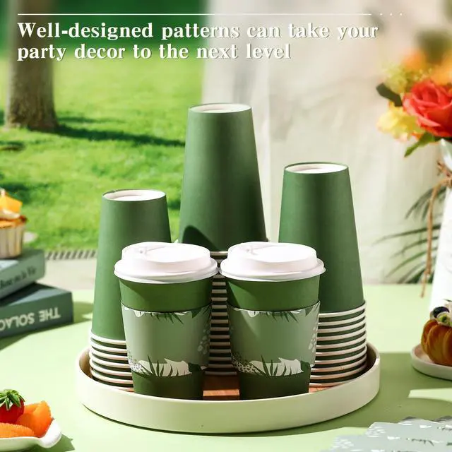 Alt view image 4 of 6 - 50 Pack Dark Green 12 oz Disposable Coffee Cups with Lids and Sleeves, Paper Hot Travel Cups for Beverages, Wedding, Baby Shower, Office and Party Supplies