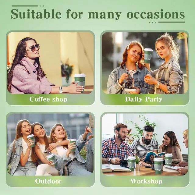 Alt view image 6 of 6 - 50 Pack Dark Green 12 oz Disposable Coffee Cups with Lids and Sleeves, Paper Hot Travel Cups for Beverages, Wedding, Baby Shower, Office and Party Supplies