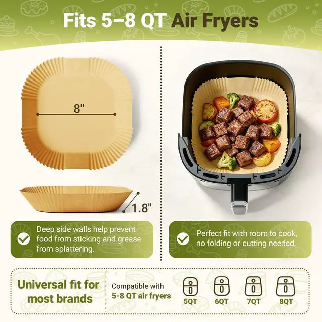 Alt view image 4 of 7 - Air Fryer Paper Liners, 125Pcs Disposable Square Liners 8 Inch, Unbleached Food Grade Parchment for 5-8 QT Basket, Non-Stick Oil-Proof for Microwave Oven & Baking