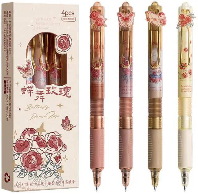 Main image of 4 Pcs Cute Gel Pens Lift Pull Aesthetic Pens 0.5mm Fine Point Black Ink Smooth Writing Pen Kawaii Soft Grip Gel Pen Office School Supplies Women Girls Boys Men (Rose)