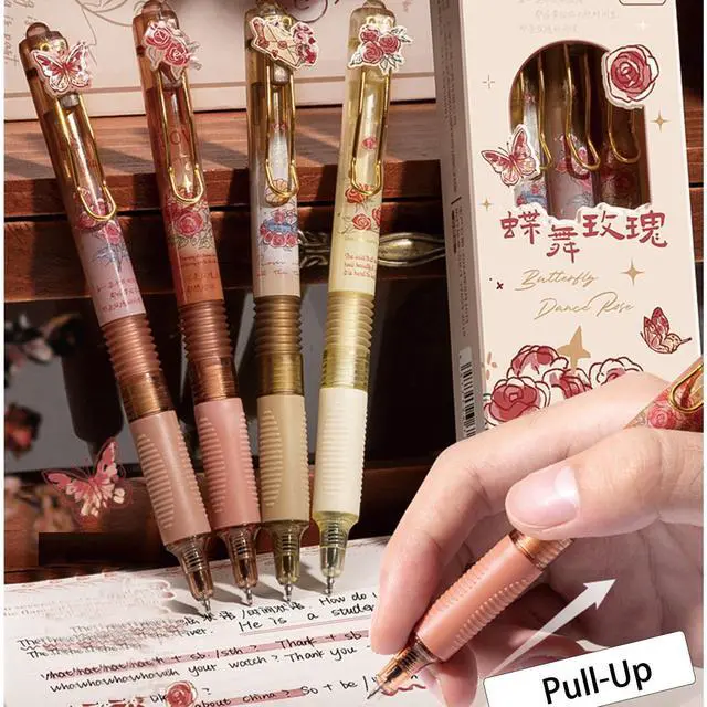 Alt view image 2 of 4 - 4 Pcs Cute Gel Pens Lift Pull Aesthetic Pens 0.5mm Fine Point Black Ink Smooth Writing Pen Kawaii Soft Grip Gel Pen Office School Supplies Women Girls Boys Men (Rose)