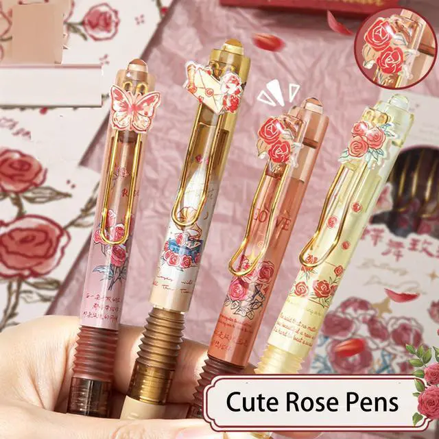 Alt view image 3 of 4 - 4 Pcs Cute Gel Pens Lift Pull Aesthetic Pens 0.5mm Fine Point Black Ink Smooth Writing Pen Kawaii Soft Grip Gel Pen Office School Supplies Women Girls Boys Men (Rose)