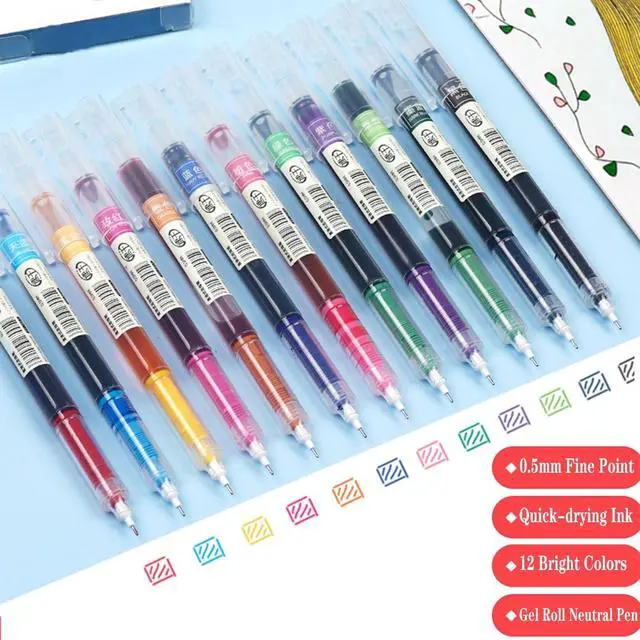 Alt view image 2 of 6 - 12 Colour Quick Dry Gel Pens, 0.5mm Fine Point Comfort Grip Gel Ink Pens Multi Colour Ink Aesthetic Journal Pen for Students Girls Boys Adults Writing Drawing School Office Supplies