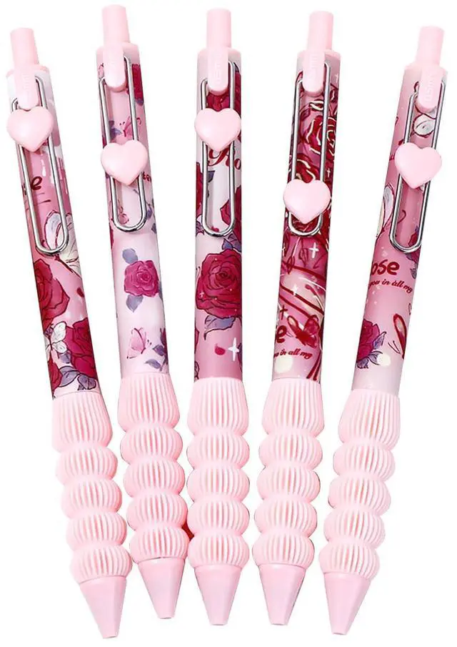 Main image of 5pcs Cute Pink Rose Retractable Pens Aesthetic Gel Pens Soft Grip Ink Writing Pens with 0.5 mm Smooth Fine Point Office Supplies for Women Men (Pink Rose 5pcs)