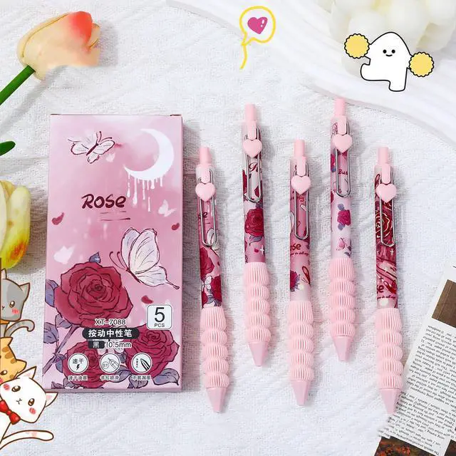 Alt view image 3 of 7 - 5pcs Cute Pink Rose Retractable Pens Aesthetic Gel Pens Soft Grip Ink Writing Pens with 0.5 mm Smooth Fine Point Office Supplies for Women Men (Pink Rose 5pcs)