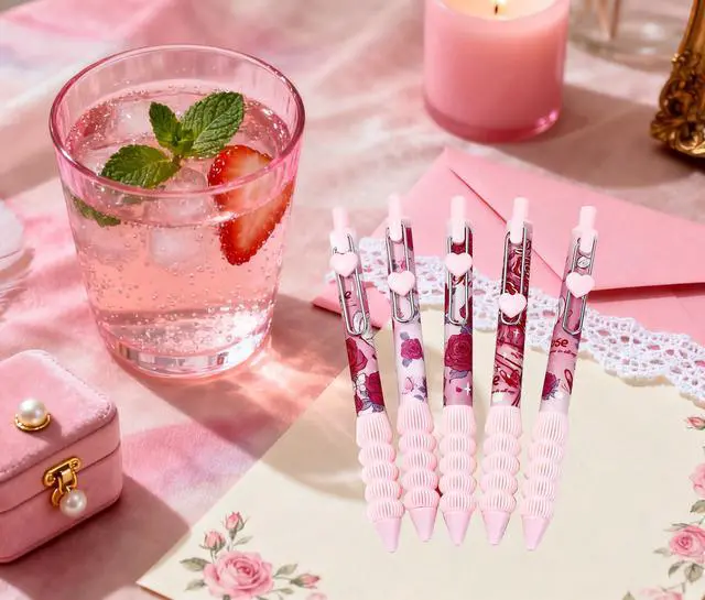 Alt view image 6 of 7 - 5pcs Cute Pink Rose Retractable Pens Aesthetic Gel Pens Soft Grip Ink Writing Pens with 0.5 mm Smooth Fine Point Office Supplies for Women Men (Pink Rose 5pcs)