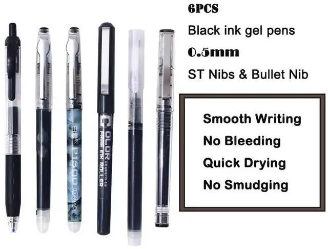 Alt view image 2 of 6 - 6PCS Black Ink Gel Pens Set, 0.5mm Bullet Nib ST Nibs Fine Point Quick-dry Journaling Gel Ink Pens for Office School, Note Taking(Black)
