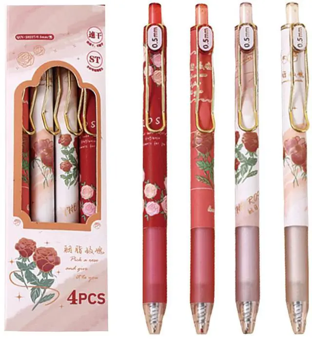 Main image of 4 Pcs Gel Ink Flower Retractable Pens 0.5mm Black Ink Pens for Women & Girls (Flower-2)