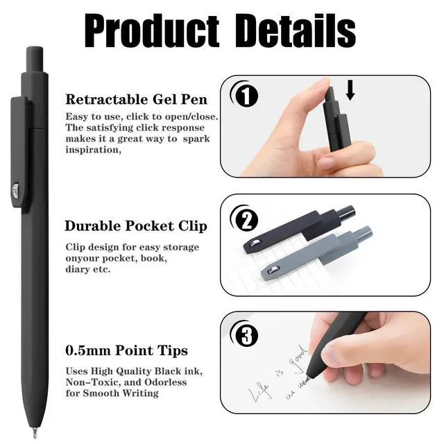 Alt view image 3 of 7 - Black Gel Pens, 8Pcs Fine Point Black Ink Smooth Writing Pens for Journaling, Nurse Aesthetic Cute Office School Supplies, Gifts for Women and Men(8Pcs Black White Grey-Black Ink)