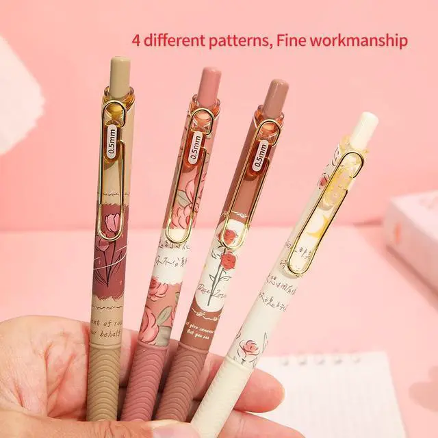 Alt view image 3 of 6 - Quick Dry Ink Pens, Kawaii Ballpoint pens, Retractable Gel Pen, 0.5mm Fine Point Black Ink Smooth Writing for School Office Home, Pack of 4pcs (Rose)