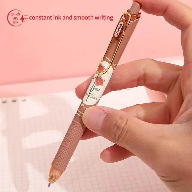 Alt view image 2 of 6 - Quick Dry Ink Pens, Kawaii Ballpoint pens, Retractable Gel Pen, 0.5mm Fine Point Black Ink Smooth Writing for School Office Home, Pack of 4pcs (Rose)