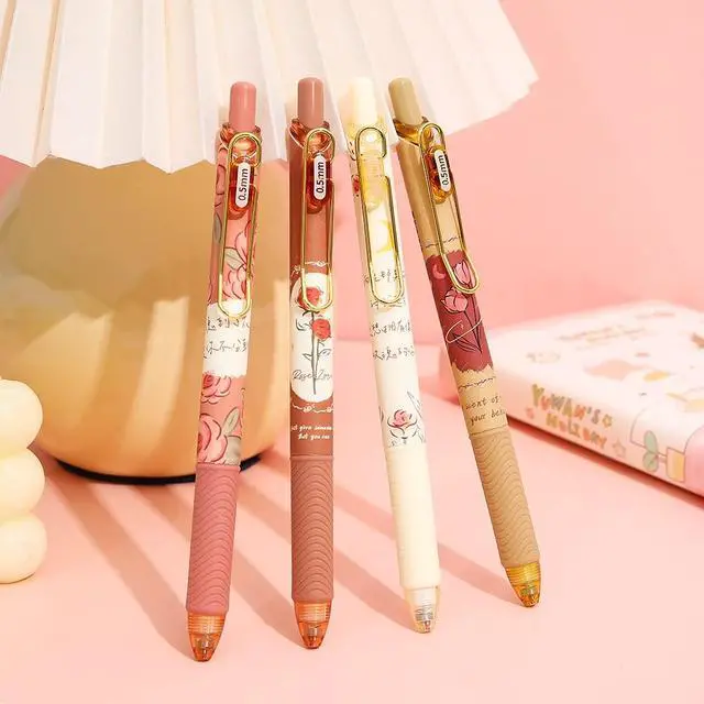 Alt view image 6 of 6 - Quick Dry Ink Pens, Kawaii Ballpoint pens, Retractable Gel Pen, 0.5mm Fine Point Black Ink Smooth Writing for School Office Home, Pack of 4pcs (Rose)