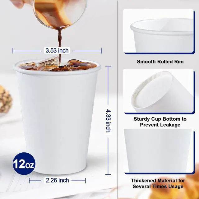 Alt view image 2 of 6 - 100 Pack 12 oz Paper Cups, Disposable Coffee Cups, Paper Coffee Cups 12oz, Hot/Cold Beverage Drinking Cups