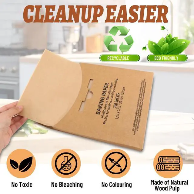 Alt view image 2 of 6 - 200 Pcs 12x12 Inch Parchment Paper Sheets, Precut Unbleached Baking Paper, Non-Stick & Greaseproof Square Liners for Pizza Pan, Tortilla Press, Baking - Natural Brown