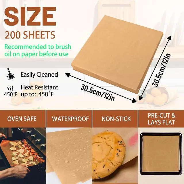 Alt view image 3 of 6 - 200 Pcs 12x12 Inch Parchment Paper Sheets, Precut Unbleached Baking Paper, Non-Stick & Greaseproof Square Liners for Pizza Pan, Tortilla Press, Baking - Natural Brown