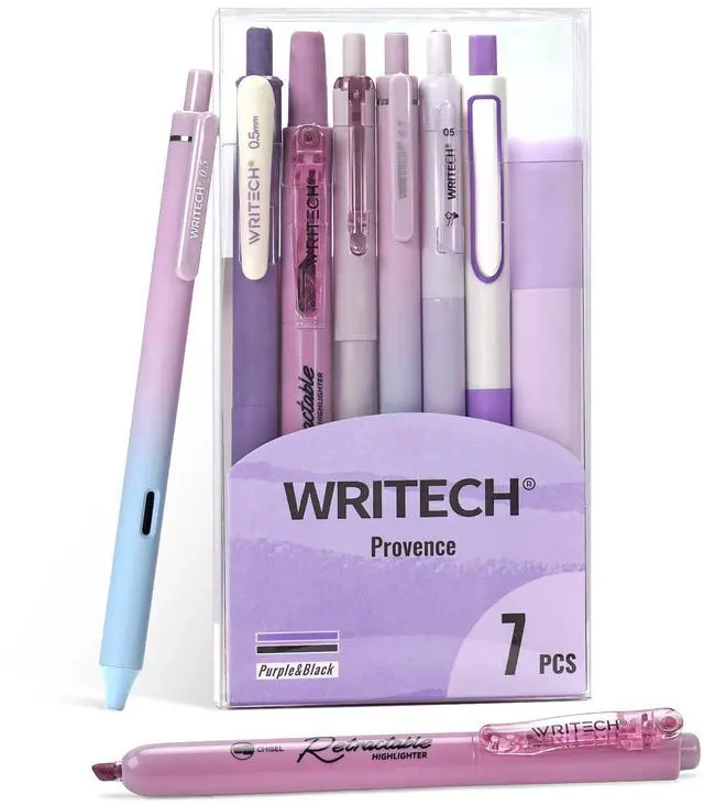 Main image of Gel Pens Journaling Highlighters: Journal Set Aesthetic Assorted Pastel Color Ink 0.5mm Fine Point Retractable 0.7mm Black Pen Smooth Writing Drawing No Bleed 7ct (Purple)