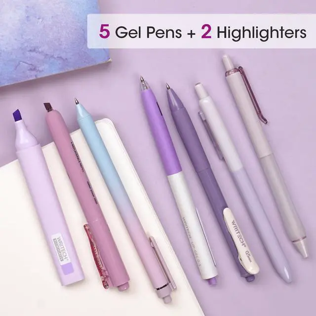 Alt view image 4 of 7 - Gel Pens Journaling Highlighters: Journal Set Aesthetic Assorted Pastel Color Ink 0.5mm Fine Point Retractable 0.7mm Black Pen Smooth Writing Drawing No Bleed 7ct (Purple)