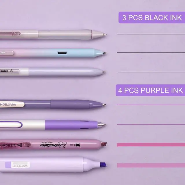 Alt view image 2 of 7 - Gel Pens Journaling Highlighters: Journal Set Aesthetic Assorted Pastel Color Ink 0.5mm Fine Point Retractable 0.7mm Black Pen Smooth Writing Drawing No Bleed 7ct (Purple)