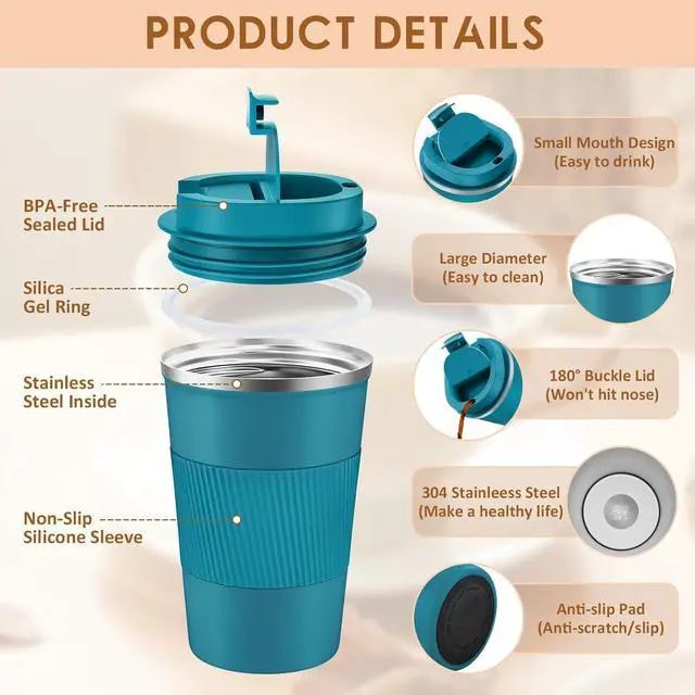 Alt view image 6 of 7 - Travel Coffee Mug 12oz: Insulated Coffee Cup with Leakproof Lid, Coffee Tumbler, Vacuum Stainless Steel Reusable Coffee Cups, Coffee Mug to Go for Hot/Iced Water (Blue)
