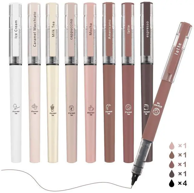 Main image of Aesthetic Cute Stick Rollerball Pens, Colored Ink Gel Pen, Quick Dry Colored Liquid Ink Pens, 0.5mm Fine Point Coffee Pens Soft Touch Smooth Writing for Journaling School Supplies (8 Pack)