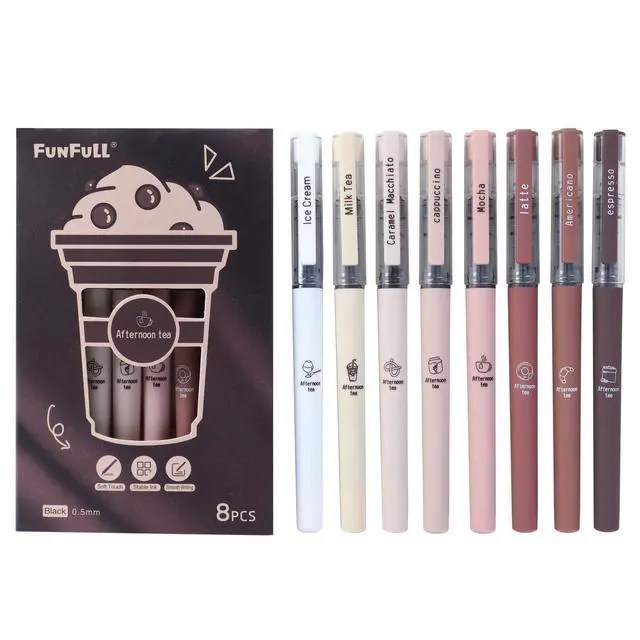 Alt view image 2 of 7 - Aesthetic Cute Stick Rollerball Pens, Colored Ink Gel Pen, Quick Dry Colored Liquid Ink Pens, 0.5mm Fine Point Coffee Pens Soft Touch Smooth Writing for Journaling School Supplies (8 Pack)