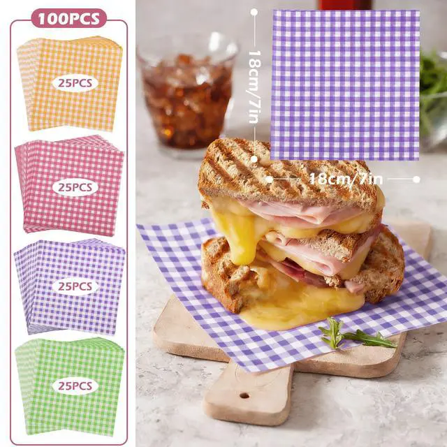 Alt view image 3 of 6 - Baking Parchment Paper for Food Wrap 7 * 7 Inch, 100 Sheets Waxed Deli Papers for Cookie Burger Donuts Food Basket Liners, Gingham Pattern 4 Colors Combo