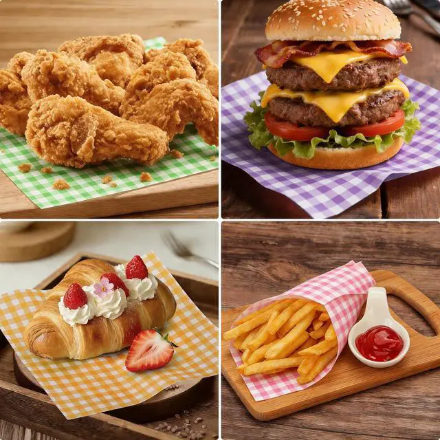 Alt view image 6 of 6 - Baking Parchment Paper for Food Wrap 7 * 7 Inch, 100 Sheets Waxed Deli Papers for Cookie Burger Donuts Food Basket Liners, Gingham Pattern 4 Colors Combo
