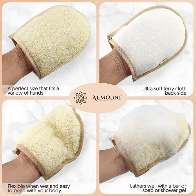 Alt view image 3 of 7 - Egyptian Loofah Gloves for Women & Men, Real Natural Egyptian Loofah Mittens with Terry Cloth, Premium Exfoliating Mitt for Body Cleansing, 2-Pack