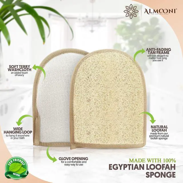 Alt view image 2 of 7 - Egyptian Loofah Gloves for Women & Men, Real Natural Egyptian Loofah Mittens with Terry Cloth, Premium Exfoliating Mitt for Body Cleansing, 2-Pack