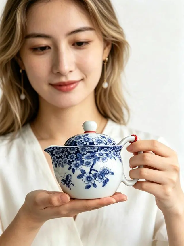 Alt view image 4 of 7 - Small Teapot 12oz Blue White Porcelain Tea Pot with Stainless Filter Infuser for Loose Tea (pot flowers Beautify)