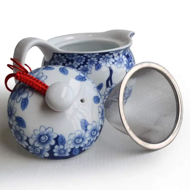 Alt view image 6 of 7 - Small Teapot 12oz Blue White Porcelain Tea Pot with Stainless Filter Infuser for Loose Tea (pot flowers Beautify)