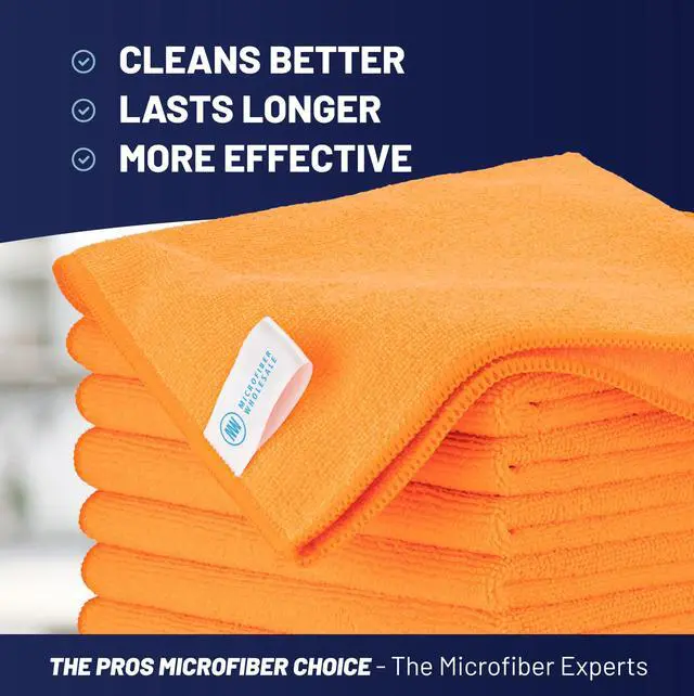 Alt view image 2 of 7 - MW PRO Microfiber Cleaning Cloths Orange (12 Pack, 12x12) - Commercial Janitorial Towels & Lint Free Rags - Heavy Duty for Auto Detailing, Glass Windows, Housekeeping & Screens - Washable 300+ Times