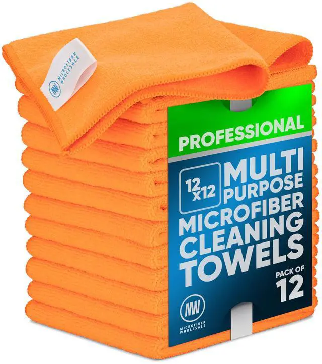 Main image of MW PRO Microfiber Cleaning Cloths Orange (12 Pack, 12x12) - Commercial Janitorial Towels & Lint Free Rags - Heavy Duty for Auto Detailing, Glass Windows, Housekeeping & Screens - Washable 300+ Times