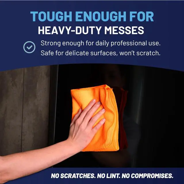 Alt view image 6 of 7 - MW PRO Microfiber Cleaning Cloths Orange (12 Pack, 12x12) - Commercial Janitorial Towels & Lint Free Rags - Heavy Duty for Auto Detailing, Glass Windows, Housekeeping & Screens - Washable 300+ Times