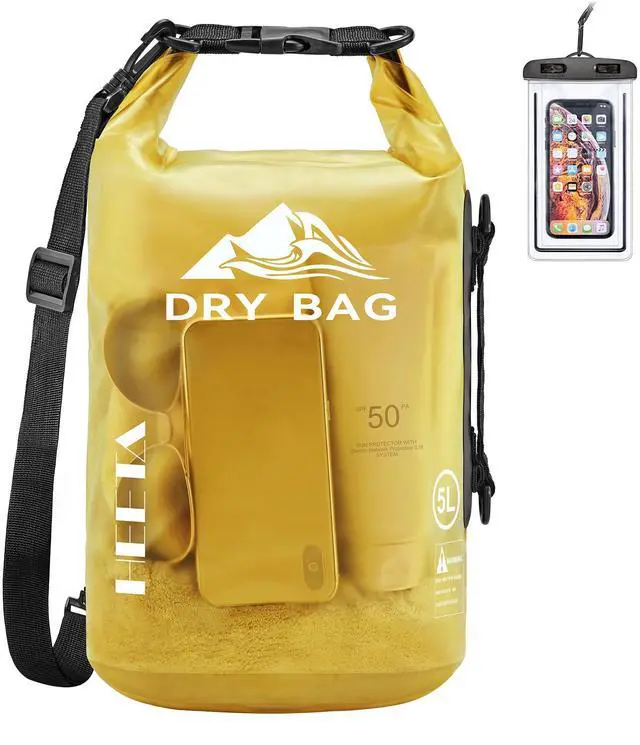 Main image of Dry Bag Waterproof for Women Men, Roll Top Lightweight Dry Storage Bag Backpack with Phone Case for Travel Swimming Boating Kayaking Paddle Board Camping Beach Accessories (Yellow, 5L)