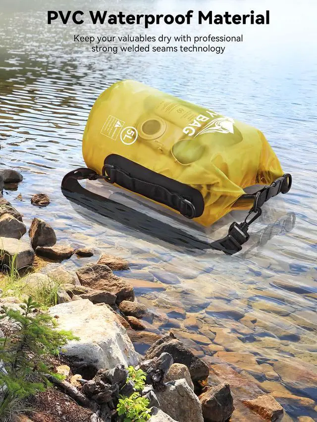 Alt view image 3 of 7 - Dry Bag Waterproof for Women Men, Roll Top Lightweight Dry Storage Bag Backpack with Phone Case for Travel Swimming Boating Kayaking Paddle Board Camping Beach Accessories (Yellow, 5L)