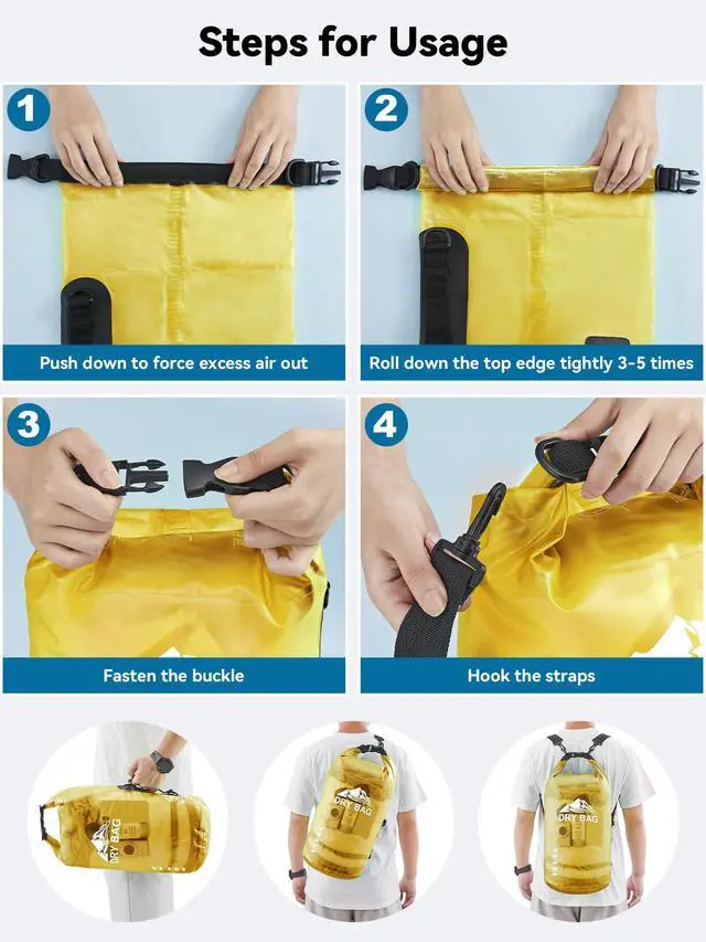 Alt view image 5 of 7 - Dry Bag Waterproof for Women Men, Roll Top Lightweight Dry Storage Bag Backpack with Phone Case for Travel Swimming Boating Kayaking Paddle Board Camping Beach Accessories (Yellow, 5L)