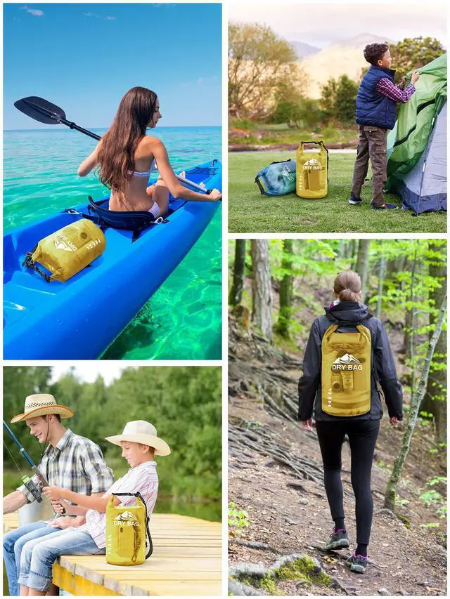 Alt view image 6 of 7 - Dry Bag Waterproof for Women Men, Roll Top Lightweight Dry Storage Bag Backpack with Phone Case for Travel Swimming Boating Kayaking Paddle Board Camping Beach Accessories (Yellow, 5L)