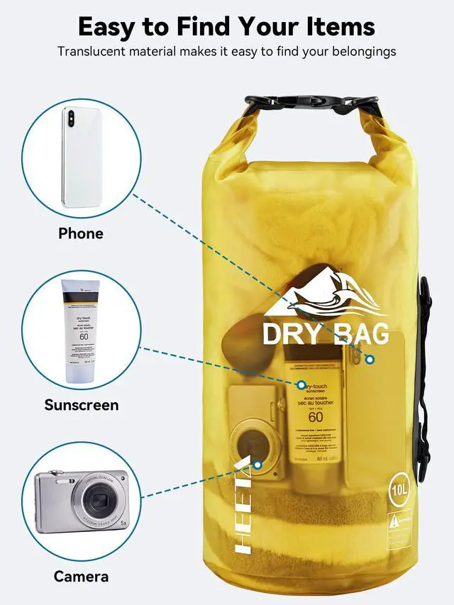 Alt view image 7 of 7 - Dry Bag Waterproof for Women Men, Roll Top Lightweight Dry Storage Bag Backpack with Phone Case for Travel Swimming Boating Kayaking Paddle Board Camping Beach Accessories (Yellow, 5L)