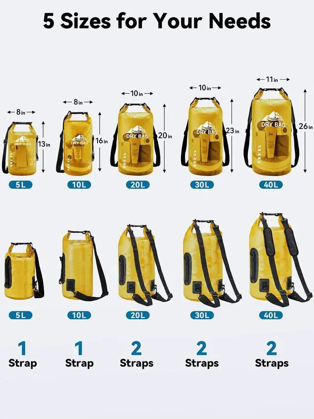 Alt view image 2 of 7 - Dry Bag Waterproof for Women Men, Roll Top Lightweight Dry Storage Bag Backpack with Phone Case for Travel Swimming Boating Kayaking Paddle Board Camping Beach Accessories (Yellow, 5L)