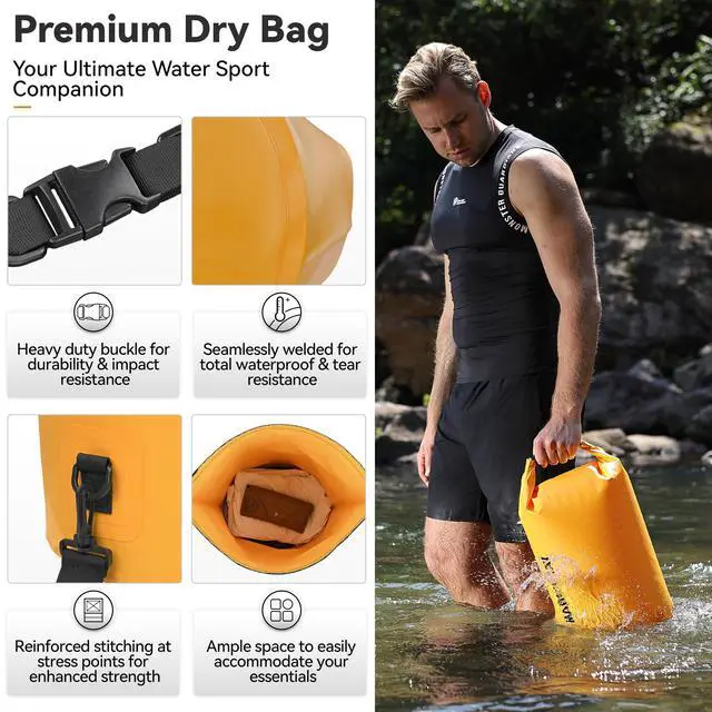 Alt view image 2 of 7 - Floating Waterproof Dry Bag Backpack 5L/10L/20L/30L/40L, Roll Top Sack Keeps Gear Dry for Kayaking, Rafting, Boating, Swimming, Camping, Hiking, Beach, Fishing (Deep Yellow, 10L)