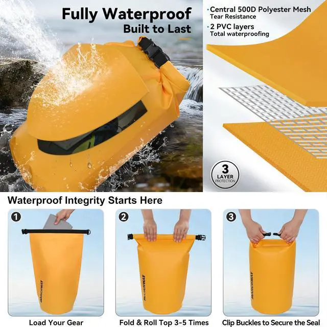 Alt view image 3 of 7 - Floating Waterproof Dry Bag Backpack 5L/10L/20L/30L/40L, Roll Top Sack Keeps Gear Dry for Kayaking, Rafting, Boating, Swimming, Camping, Hiking, Beach, Fishing (Deep Yellow, 10L)