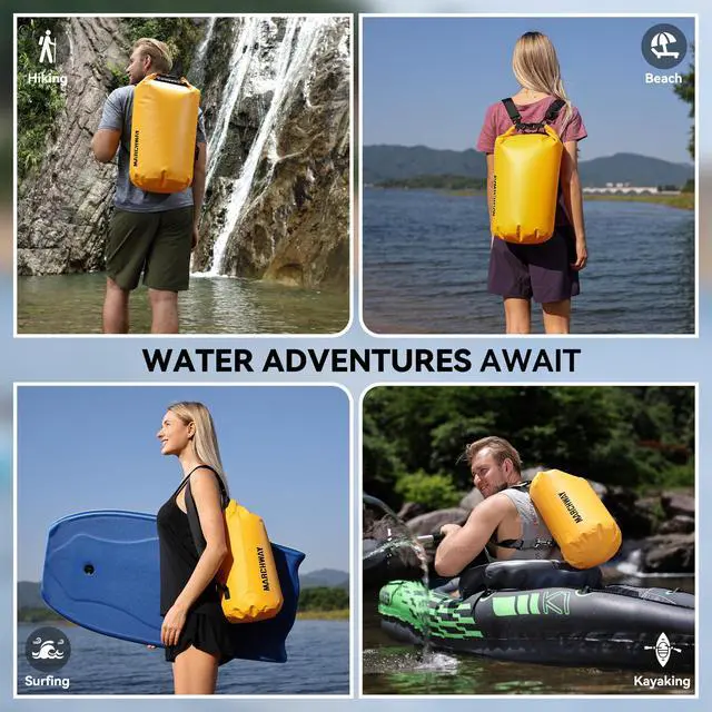 Alt view image 6 of 7 - Floating Waterproof Dry Bag Backpack 5L/10L/20L/30L/40L, Roll Top Sack Keeps Gear Dry for Kayaking, Rafting, Boating, Swimming, Camping, Hiking, Beach, Fishing (Deep Yellow, 10L)