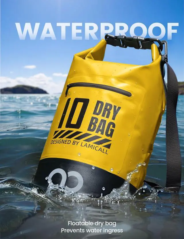 Alt view image 3 of 7 - Waterproof Dry Bag Phone Pouch - 5L/10L/20L/30L/40L Floating Backpack for Kayaking Boating Beach Camping Paddleboard Bags - Heavy Duty 500D PVC Marine Dry Sack for Men,Women, Yellow 10L