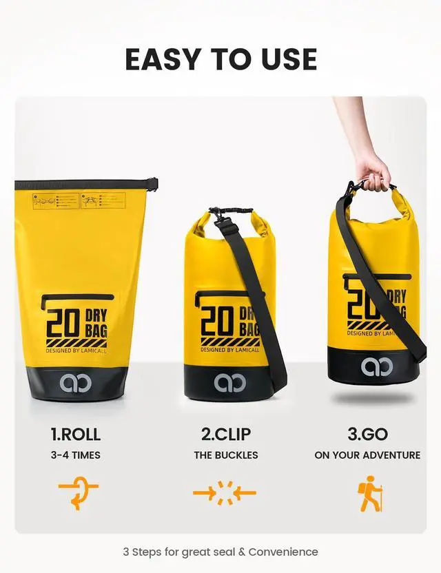 Alt view image 6 of 7 - Waterproof Dry Bag Phone Pouch - 5L/10L/20L/30L/40L Floating Backpack for Kayaking Boating Beach Camping Paddleboard Bags - Heavy Duty 500D PVC Marine Dry Sack for Men,Women, Yellow 10L